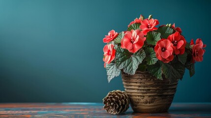 Obraz premium A beautiful still life of a potted geranium plant with red flowers and green leaves, sitting on a wooden table with a pine cone beside it