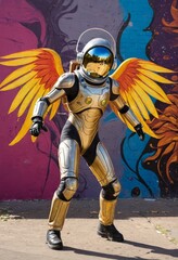 Fototapeta premium Astronaut with golden wings against colorful graffiti wall