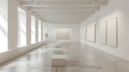 Obraz premium Bright and Spacious Modern Art Gallery Hallway with Minimalist Decor and Framed Artworks