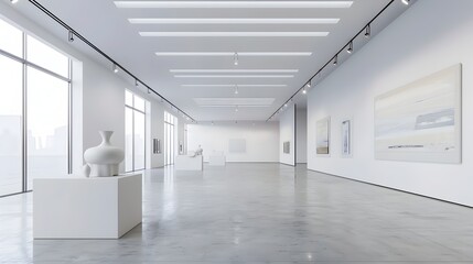 Obraz premium Bright and Spacious Contemporary Art Gallery Interior with Minimalist Decor and Artwork Display