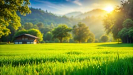 Naklejka premium Countryside Lawn Blur: A lush, green blurred background of a countryside lawn, capturing the peaceful and serene essence of rural life. 