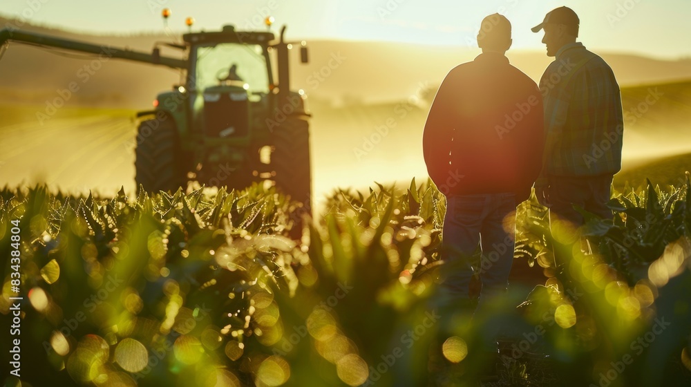Aufkleber two farmers discuss the benefits of using a smart fertilizer injection system such as reduced waste 