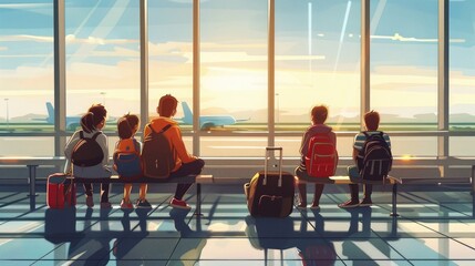 Family waiting for their flight at airport