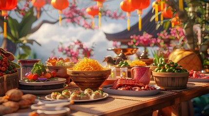 Vibrant Chinese New Year Food Market with Colorful Lanterns and Bountiful Produce Display