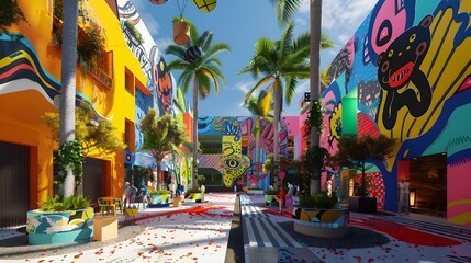 Naklejka premium Vibrant Colorful Tropical Street Scene with Murals and Palm Trees