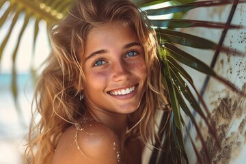 beautiful hot young surfer woman with wet wavy blonde hair, charming smile , piercing blue eyes, sensitive gaze, tanned skin . she is holding a serf board . summer beach setting,tropical leaves