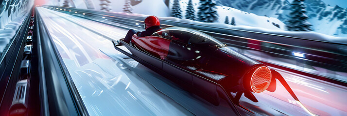 Bobsleigh in mid-race at Winter Olympics, selective focus, adrenaline theme, futuristic, overlay, mountain backdrop