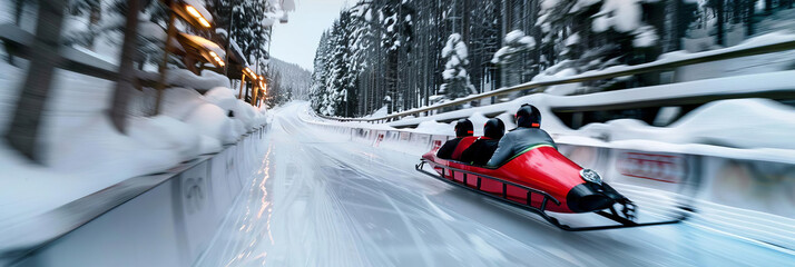 Bobsleigh team racing down icy track in Winter Olympics, close up, speed theme, dynamic, motion blur, snowy forest backdrop