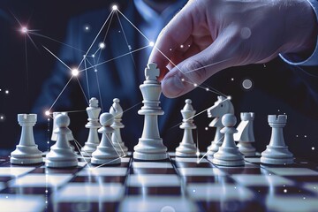 Business organize strategy brainstorm chess board game with hand touch king figure double exposure with digital graphic line connecting diagram business ideas concept