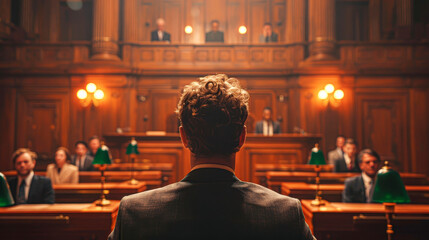 Obraz premium Dynamic Lawyer in Traditional Courtroom Setting Defending His Case with Conviction and Professionalism
