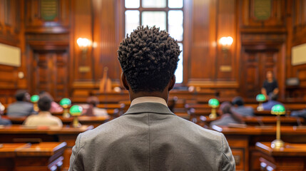 Obraz premium Intense Legal Advocacy in Classic Courtroom Setting with Lawyer Speaking to Judge Focus on Authority and Justice