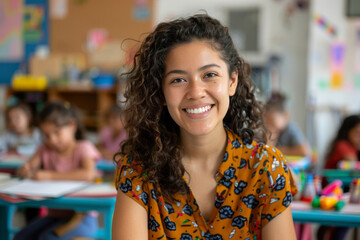 A smiling female teacher with dark curly hair sits at a table in front of her students in a bright classroom filled with colorful art supplies and playing children.