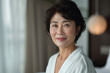 An attractive mature woman with short hair and perfect skin stands at home in a white robe, smiling happily at the camera.