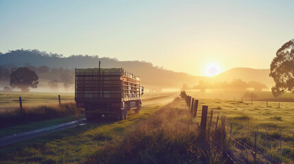 Naklejka premium Delivery truck driving through rural countryside at sunrise