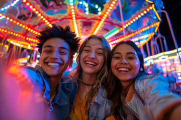 Naklejka premium A group of happy friends taking a selfie at a vibrant night carnival, capturing the joy and excitement of the event