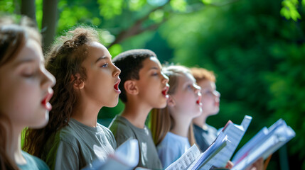 Diverse group of children singing in outdoor choir