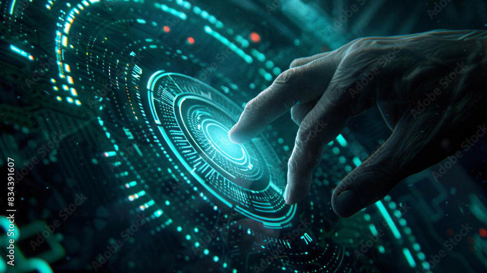 Aufkleber futuristic interface with hand touching a circular button for technology or innovation concept, with