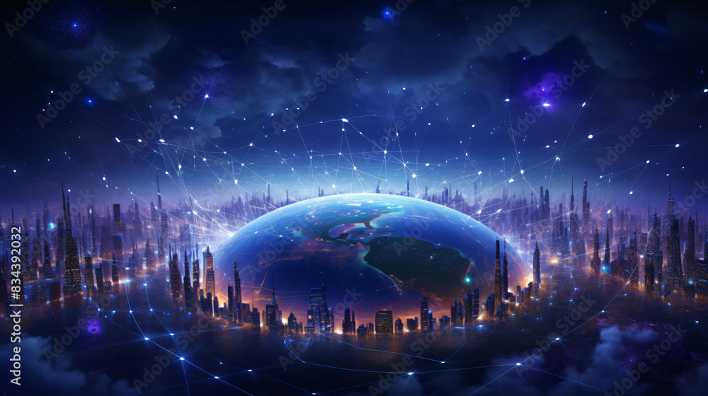 Aufkleber earth surrounded by a network of lines and cities for global connection or technology concept, with 