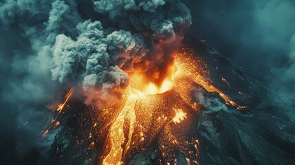 Aerial view looking above a volcano, capturing the dramatic eruption and flowing lava, with billowing smoke against a stark landscape