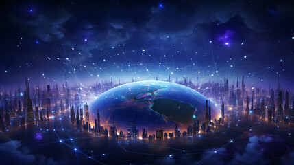 Fototapeta premium Earth Surrounded by a Network of Lines and Cities for Global Connection or Technology Concept, with copy space text for Website or Presentation