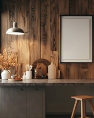 A blank poster frame leaning against the wall of an empty kitchen counter with a grey granite countertop