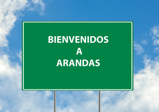 Siguiente salida Bienvenidos a arandas una se&ntilde;al verde sobre fondo de cielo azul. Colecci&oacute;n de se&ntilde;ales de tr&aacute;fico conceptuales