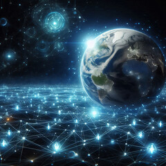 Obraz premium Earth with Network Lines and Blue Lights for Technology or Global Connection Concept, with copy space text for Website or Presentation