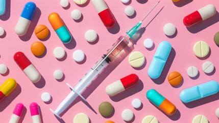 colorful tablet and disposable syringe on white background, closeup pill drug background colorful