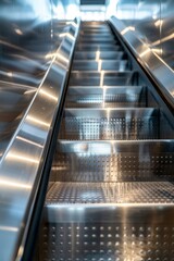 Closeup vertical shot of an escalator, focusing on the metallic steps and handrail, detailed textures and reflections