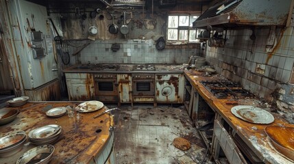 Fototapeta premium Decaying bunker kitchen, with tarnished metal surfaces, broken dishes, and a ghostly, forsaken vibe