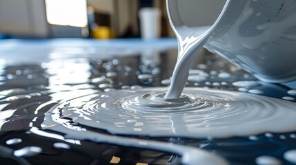 Detailed closeup of epoxy resin pouring out from a bucket onto a floor, highlighting the fluid movement and shiny surface