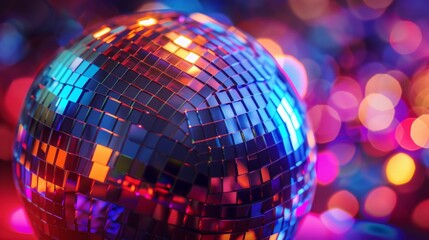 Disco Ball Against Dark Background With Glowing Neon Light