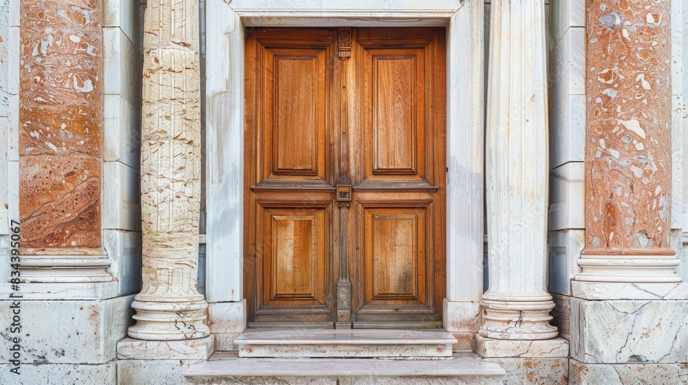 Wall mural architectural element of a sizable wooden door attached to two marble columns found in an old buildi