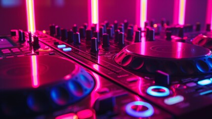 Close-up of a DJ booth with neon lights background wallpaper night club