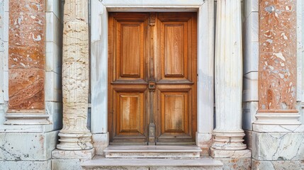 Architectural element of a sizable wooden door attached to two marble columns found in an old building