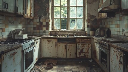 Forgotten kitchen in an old bunker, broken cabinets, dusty countertops, and a sense of decay and abandonment