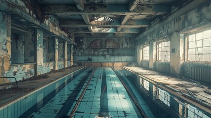 Obraz premium Indoor deep pool in disrepair, faded markings, and decayed equipment, perfect for a dive training atmosphere