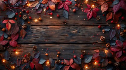 Naklejka premium A rustic wooden background with autumn leaves and lights, and ample space for celebratory messages. - Event decoration background