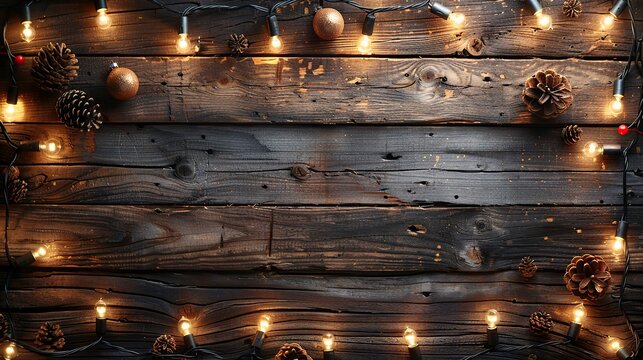 A rustic wooden background with festive string lights draped across, with ample space for copy. - Event decoration background