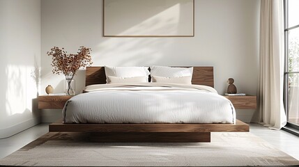 A serene bedroom with a modern platform bed and minimalist bedside tables, promoting relaxation and restful sleep.