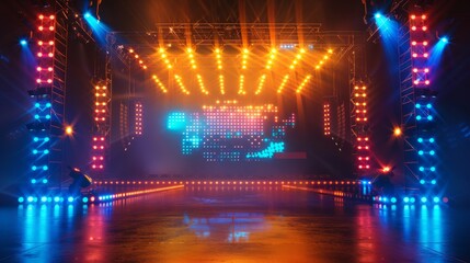 Obraz premium Festival stage with vibrant lights and pyrotechnics.