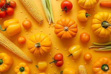 top view pattern of carrots, pumpkin, yellow bell pepper, corn, yellow tomatoes isolated on dark yellow background - Powered by Adobe