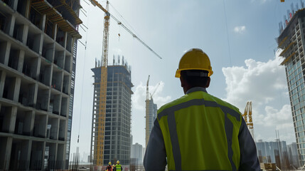 **In the photo, an engineer is wearing a safety helmet and working on the construction site of a high-rise building. The scene shows cranes lifting heavy materials to the top floor of the tall b