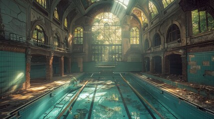 Neglected indoor pool, with remnants of its former glory, beautifully lit by natural light streaming through broken glass, creating a mystical feel