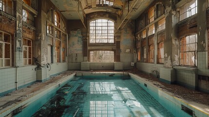 Old abandoned indoor pool, cracked tiles, and weathered walls, beautifully flooded with natural light streaming through broken windows