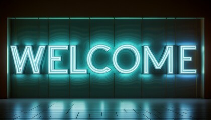 A neon sign with the word "Welcome" in bright blue, with glowing edges, against a smooth, untextured background.