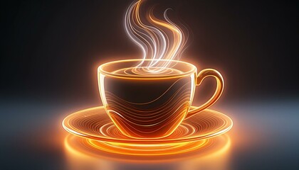 Create a neon sign that depicts a steaming cup of coffee. The coffee cup should be in warm orange and yellow 