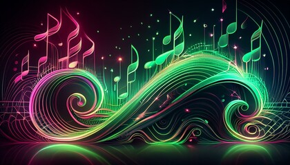 neon sign with musical notes in bright green and pink. The notes are reminiscent of those used in a music score. I chose a black background to make the neon colors pop. The sign is a great addition to