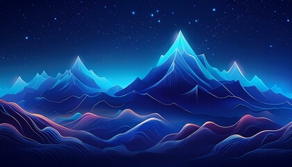 majestic mountains outlined in neon colors against a smooth, dark blue sky is sure to capture your attention. The image has a hint of glittery light, which adds to its otherworldly appeal. This image 