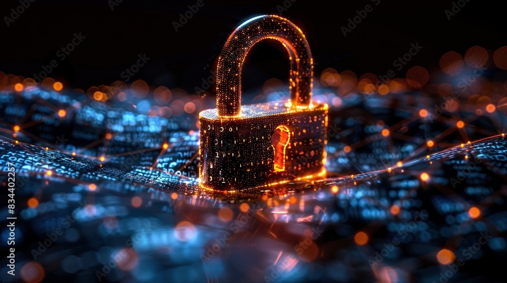 Poster digital image of the lock. the concept of aesthetic security. big data flow. modern data safety back